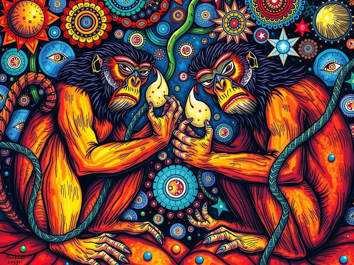 Vibrantly Colored Monkeys with Flames and Patterns