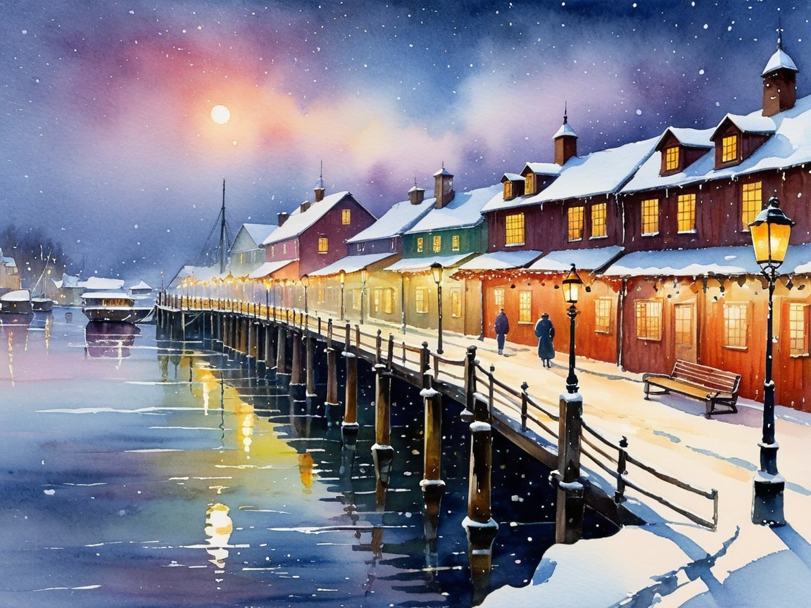Winter Waterfront Village Scene with Snow and Lanterns