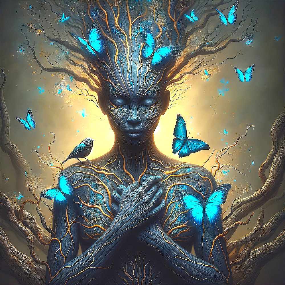 Surreal Figure with Tree-Like Body in Mystical Setting