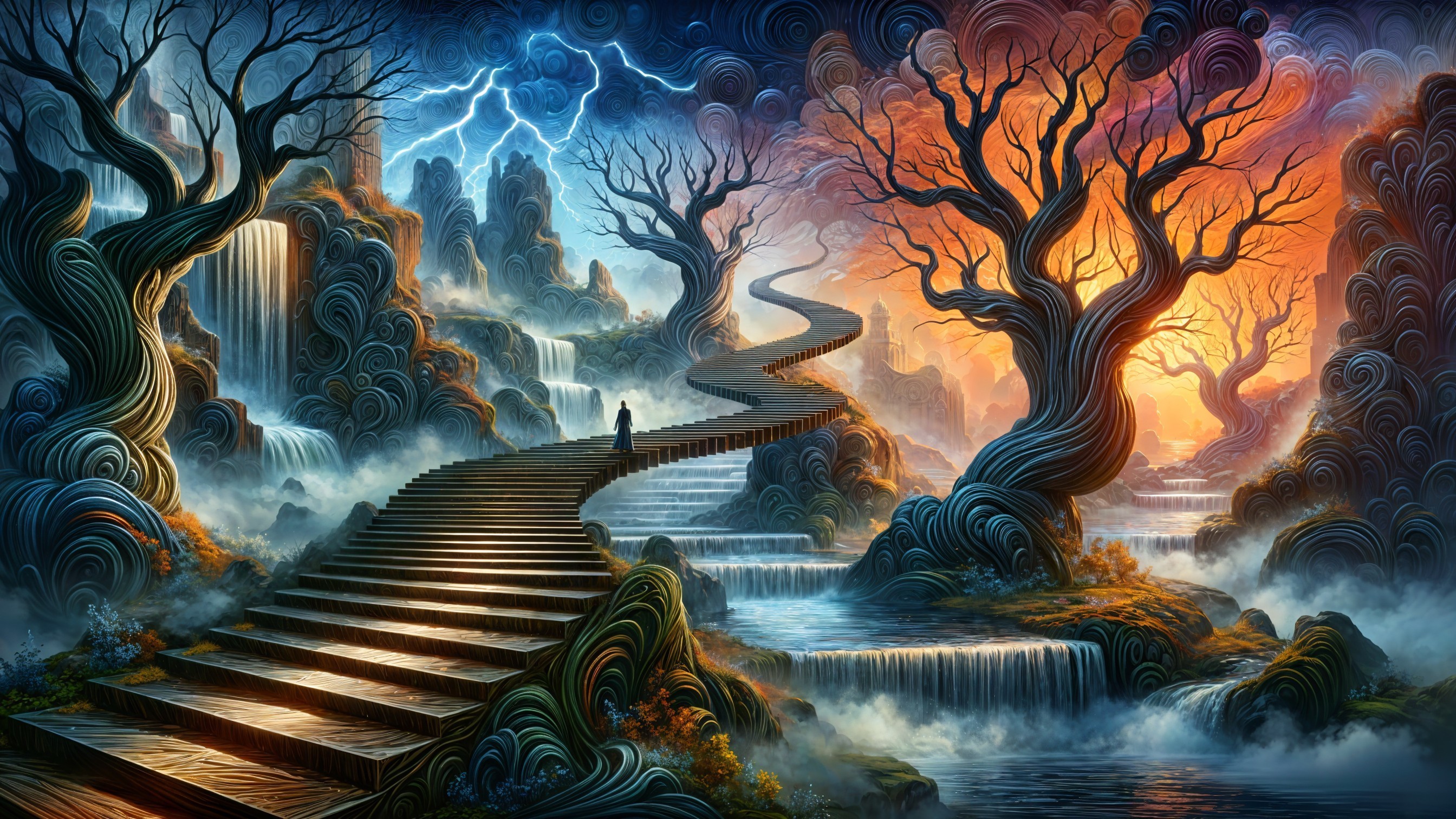 Whimsical Landscape with Surreal Forest and Staircase