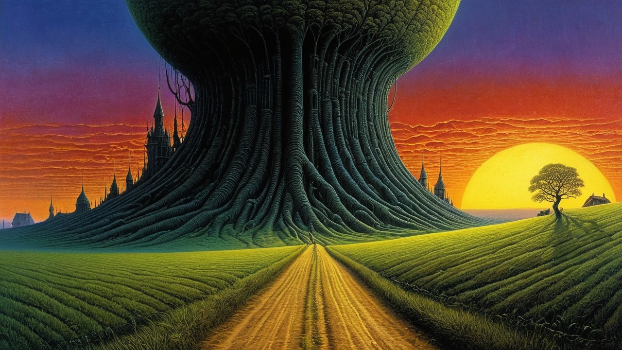 Surreal Landscape with Colossal Tree and Castle