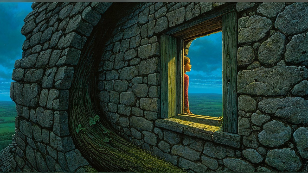 Twilight Scene of a Girl by a Stone Window