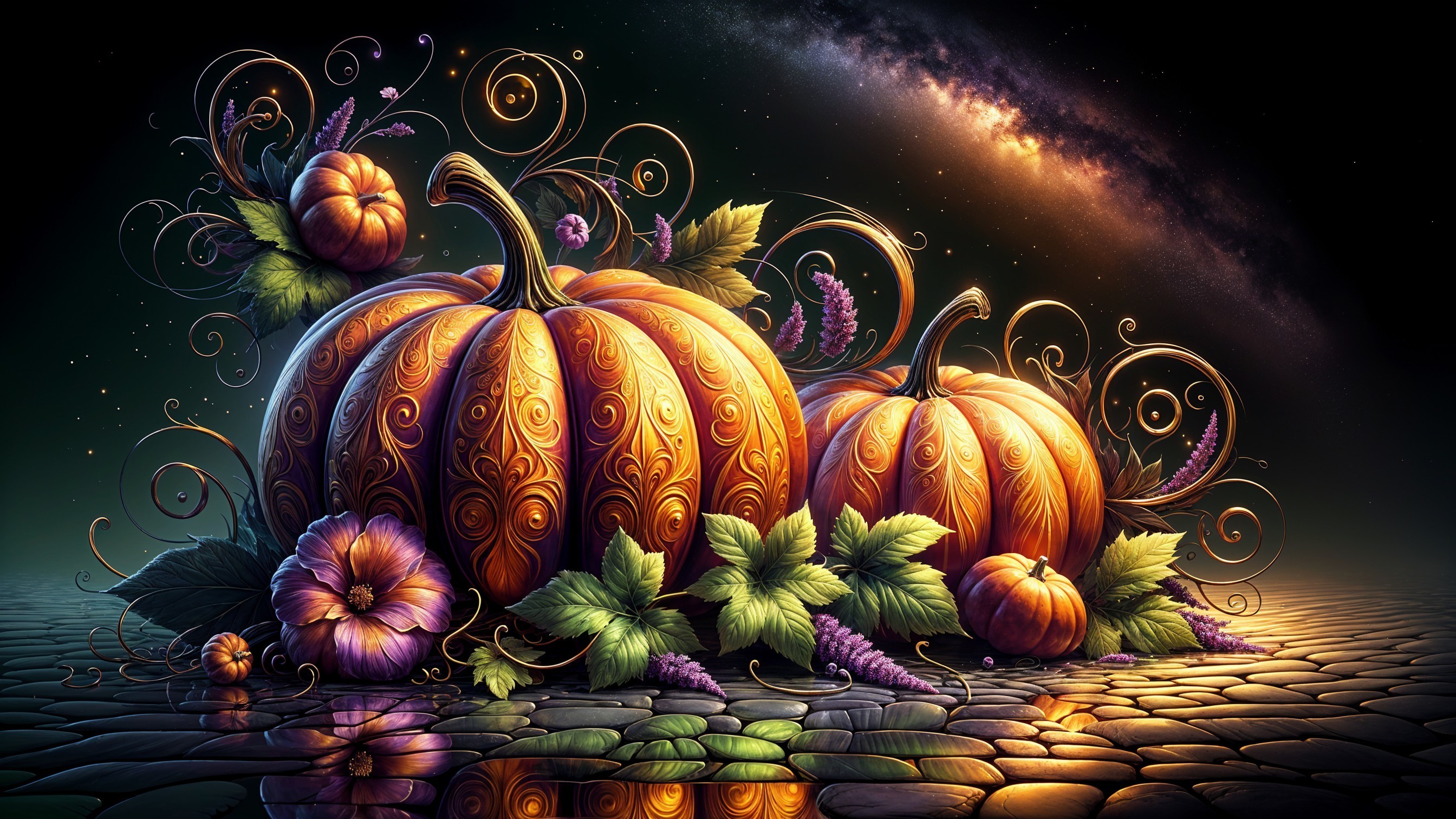 Intricately Designed Pumpkins in a Cosmic Scene