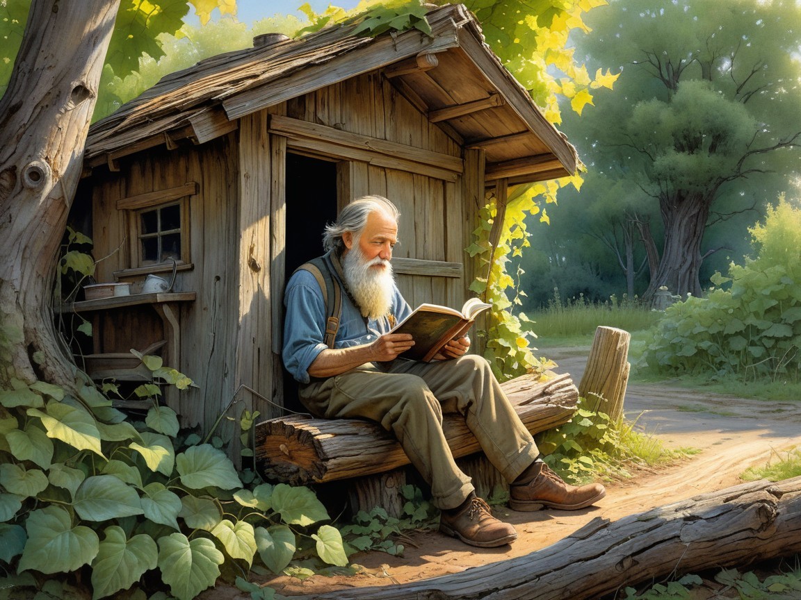 Elderly Man Reading in Serene Woodland Cabin Setting