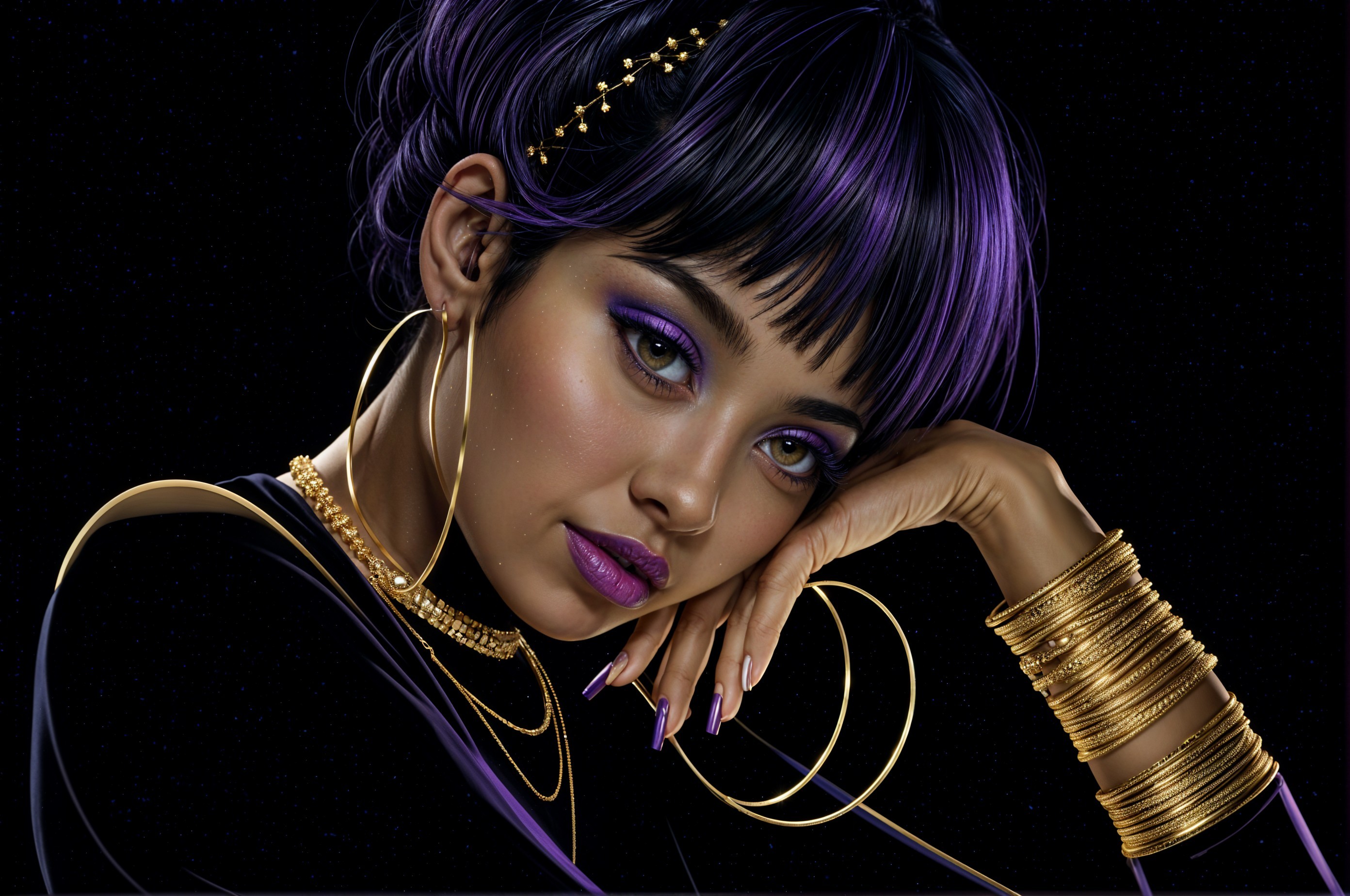 Portrait of a woman with bold makeup and accessories