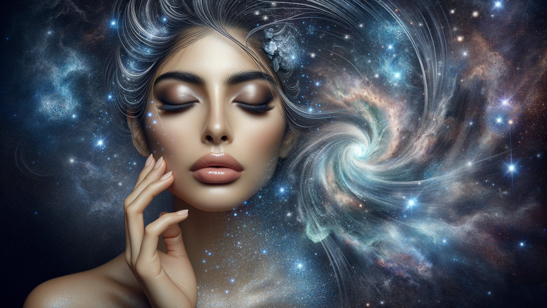Serene Woman in Cosmic Setting with Swirling Galaxies