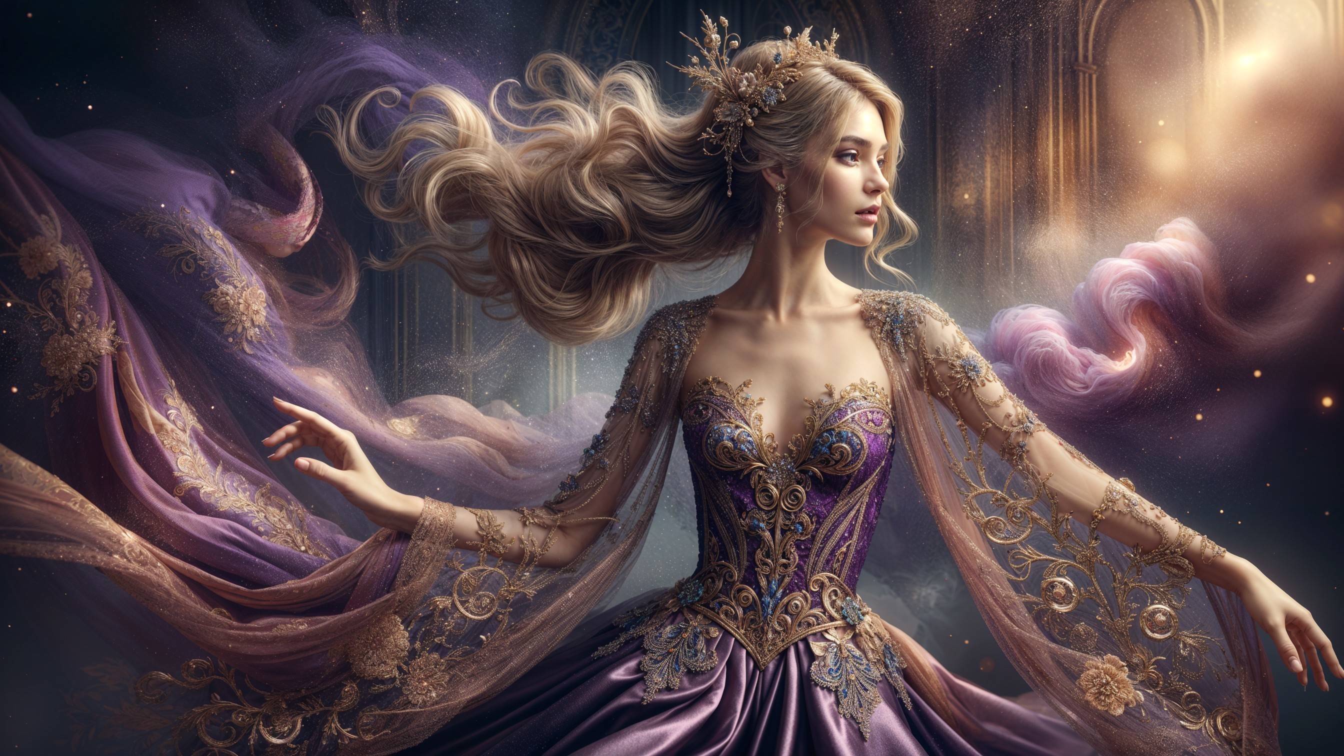Elegant Woman in Purple Dress with Floral Accents