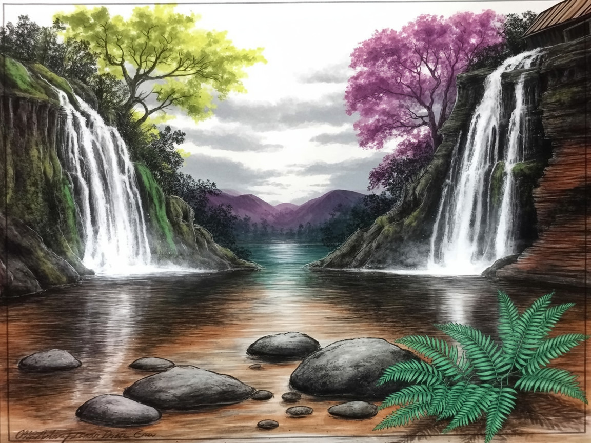 Serene Landscape with Waterfalls and Tranquil River