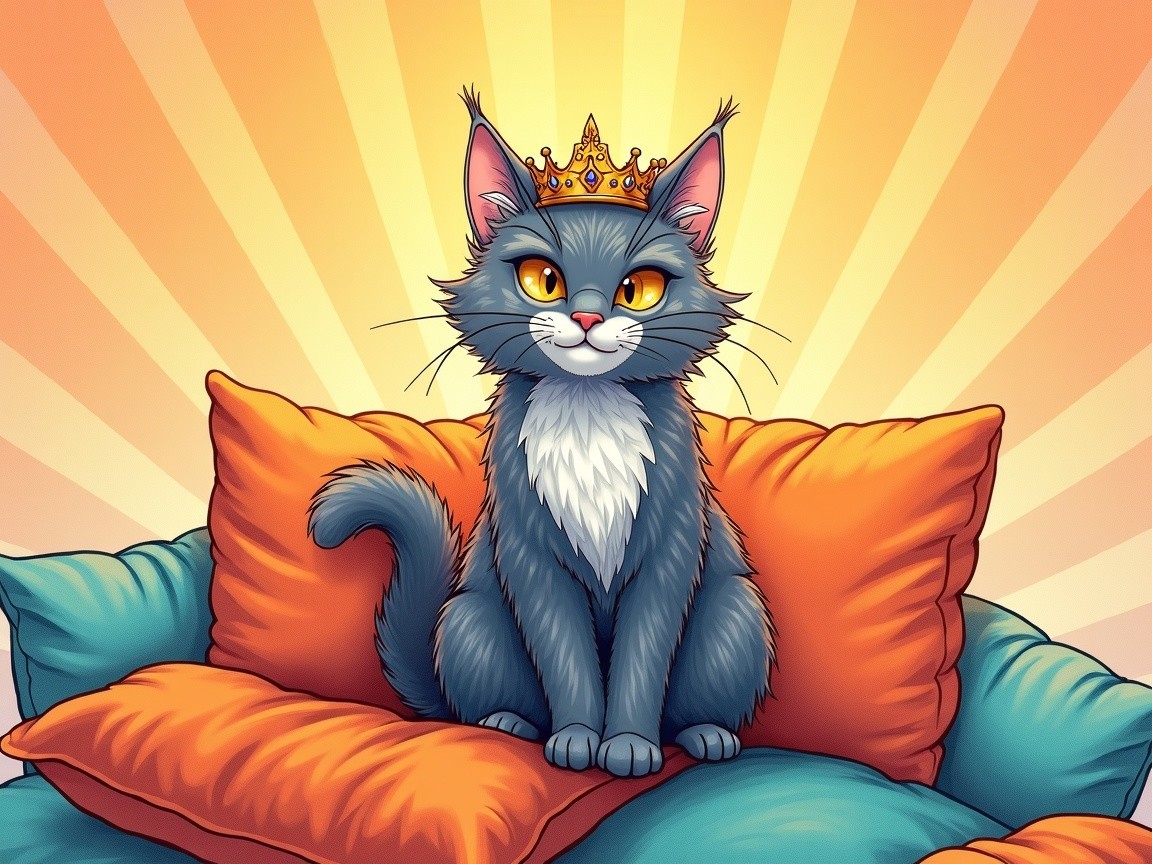 Regal gray cat with orange eyes atop colorful cushions