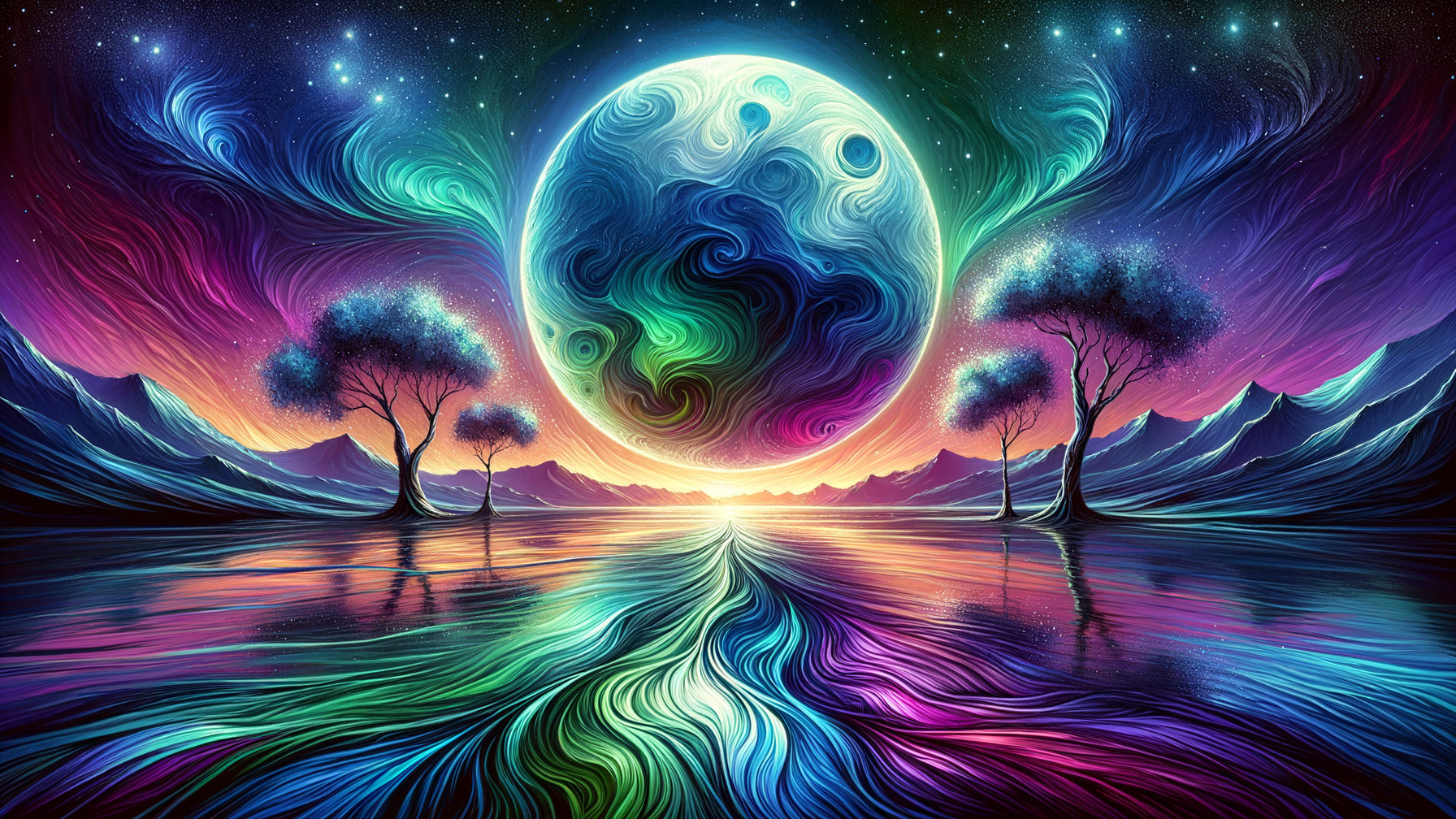 Surreal Landscape with Swirling Planet and Reflective Waters