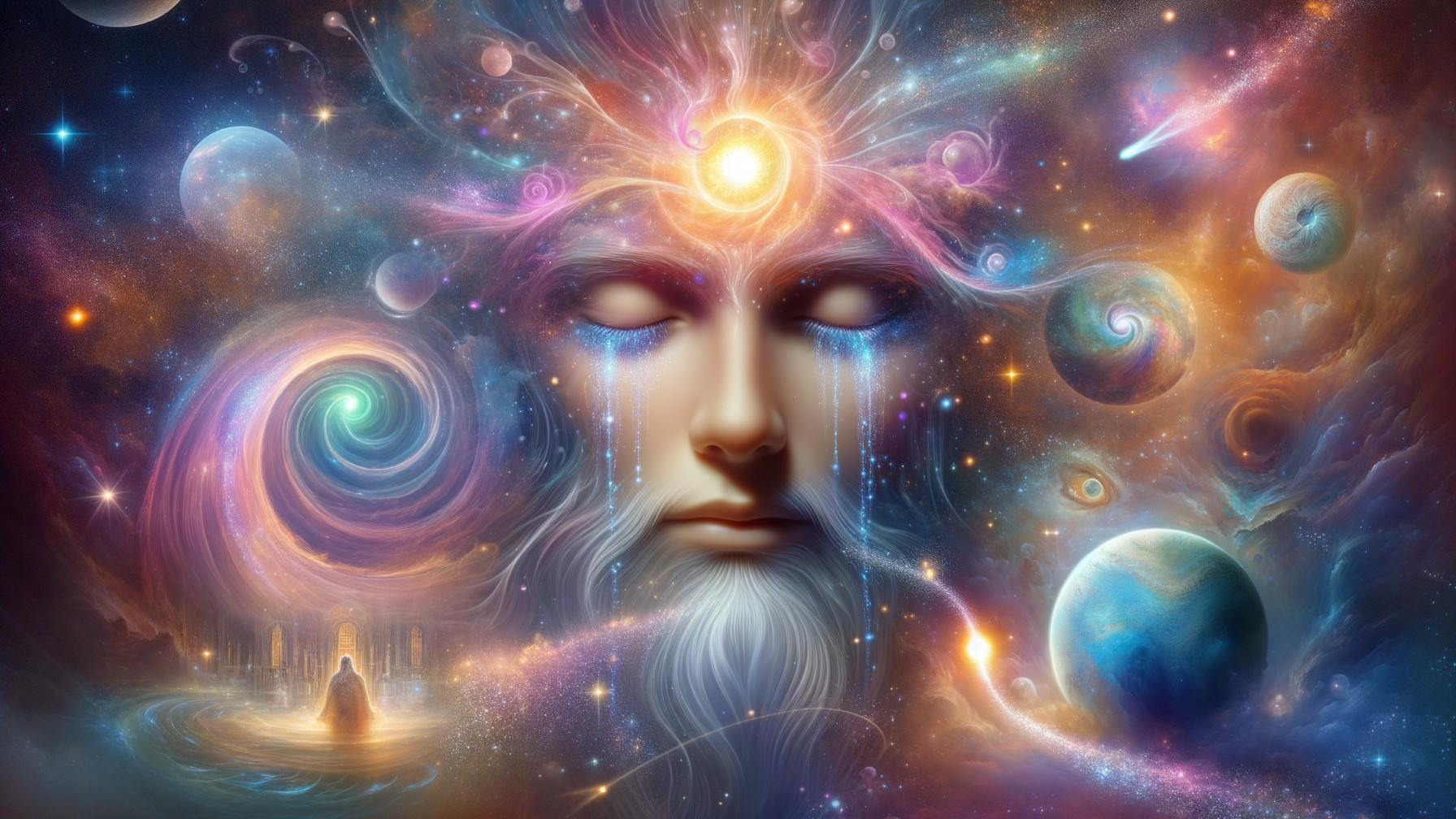 Cosmic Figure Surrounded by Vibrant Galaxy Elements