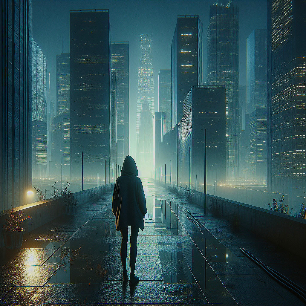 Solitary Figure on Reflective Pathway in Futuristic City