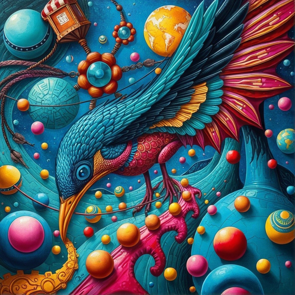 Surreal Scene of a Bird Among Colorful Planets
