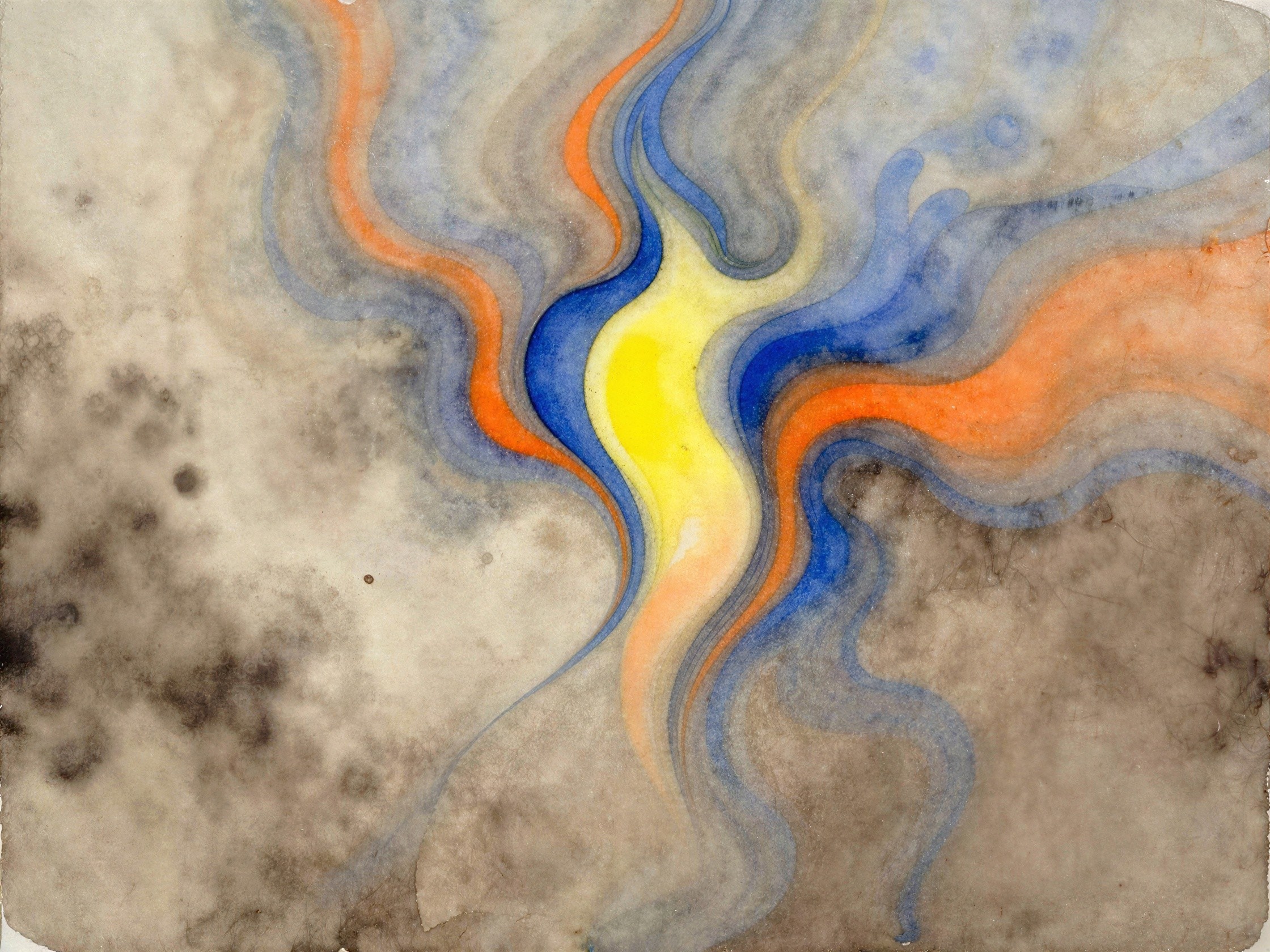 Abstract Watercolor with Central Yellow Element and Swirls