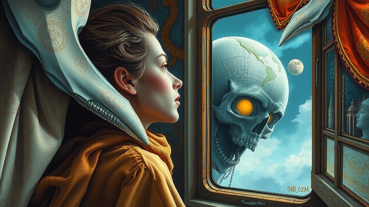 Young Woman Contemplates Surreal Skull Landscape