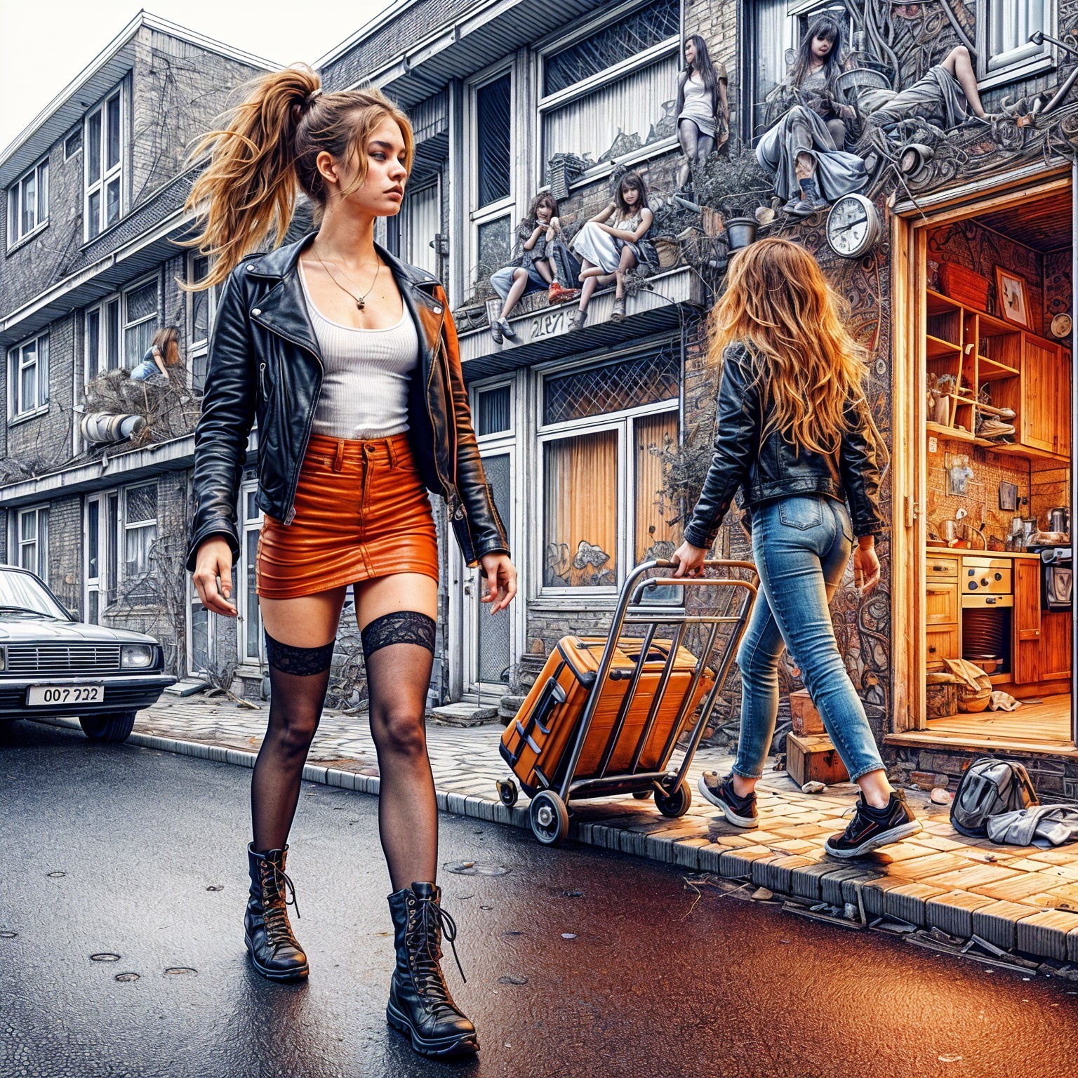 Stylish Young Women in Urban Street Scene with Mural