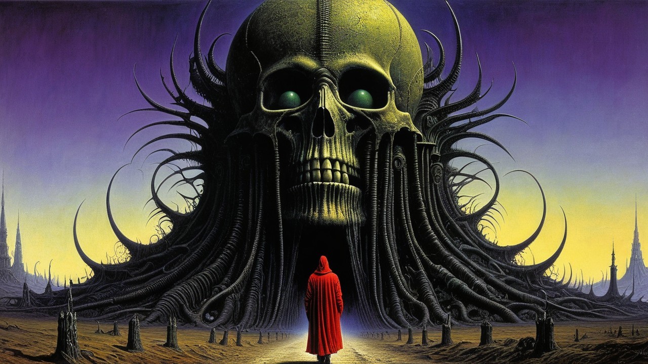 Surreal landscape with a glowing skull and cloaked figure