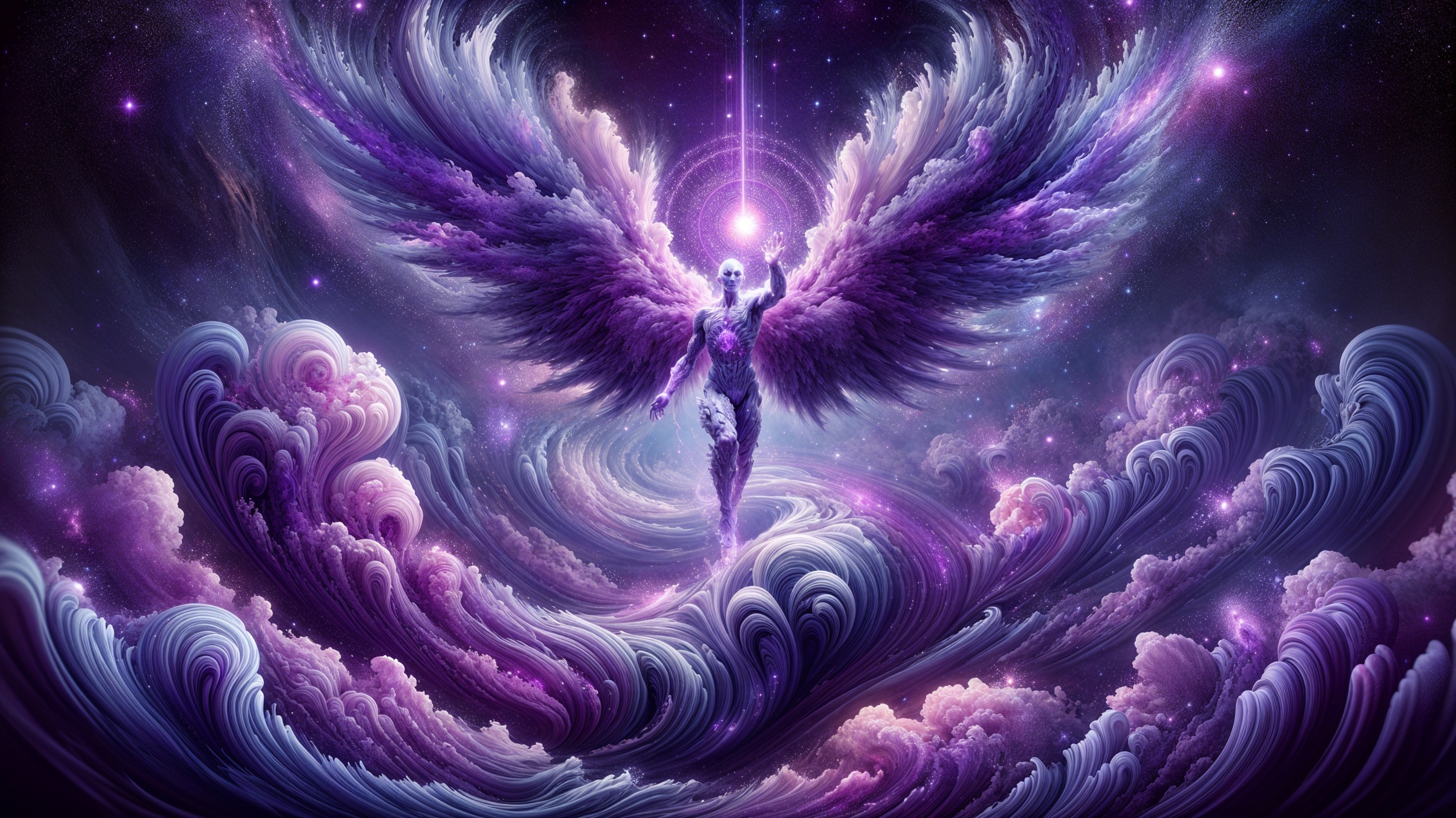 Celestial Being with Wings Above Vibrant Clouds