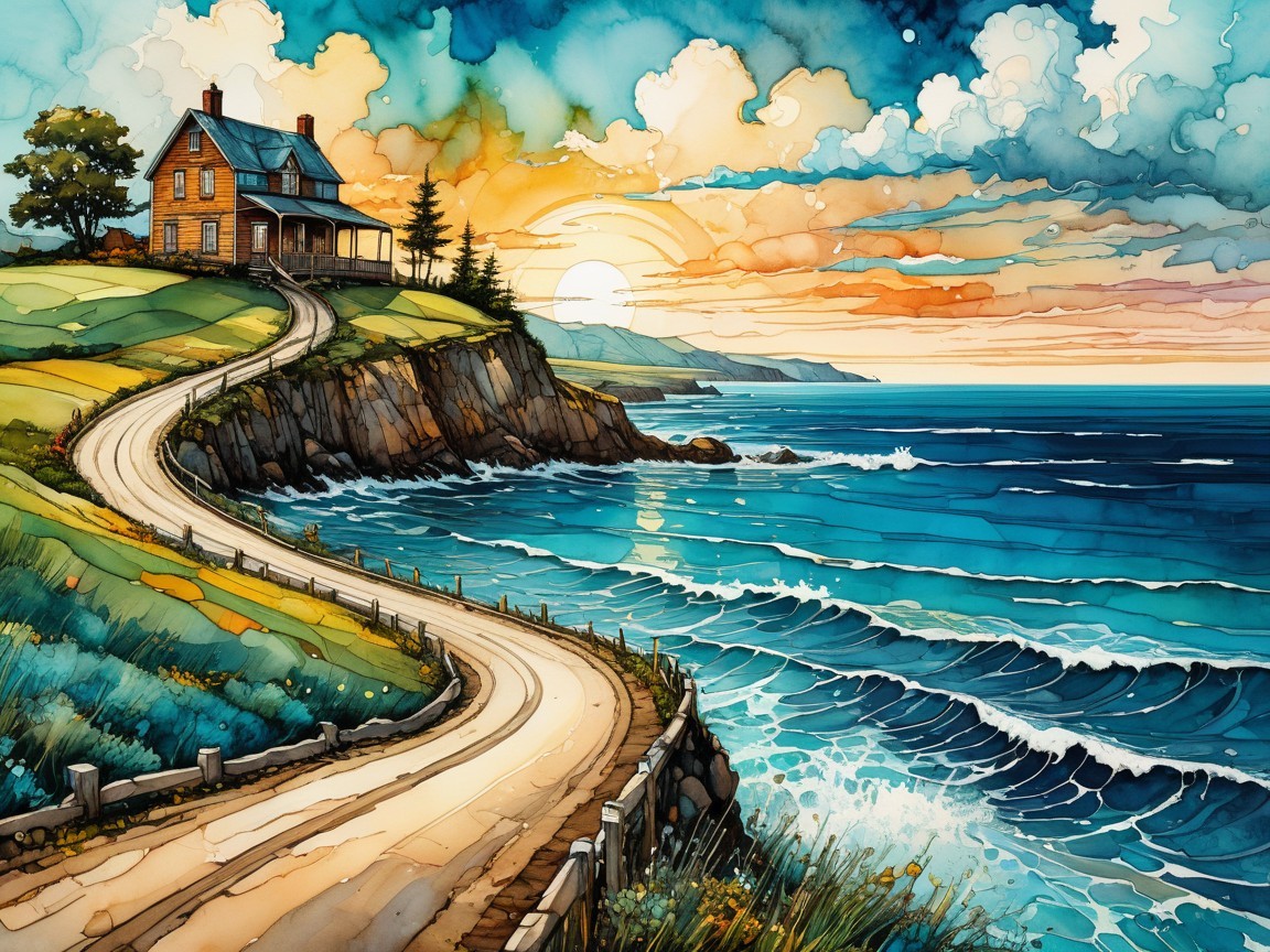 Coastal Scene with Cliffside House at Sunset