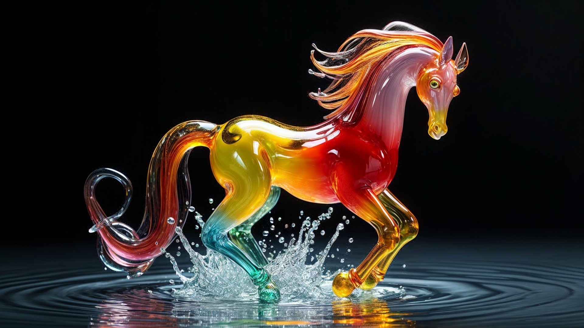 Vibrant Glass Sculpture of Galloping Horse in Water