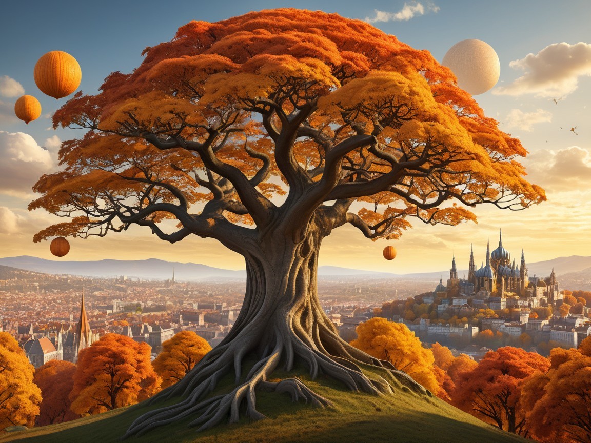 Majestic Tree and Castle Overlooking Autumn City