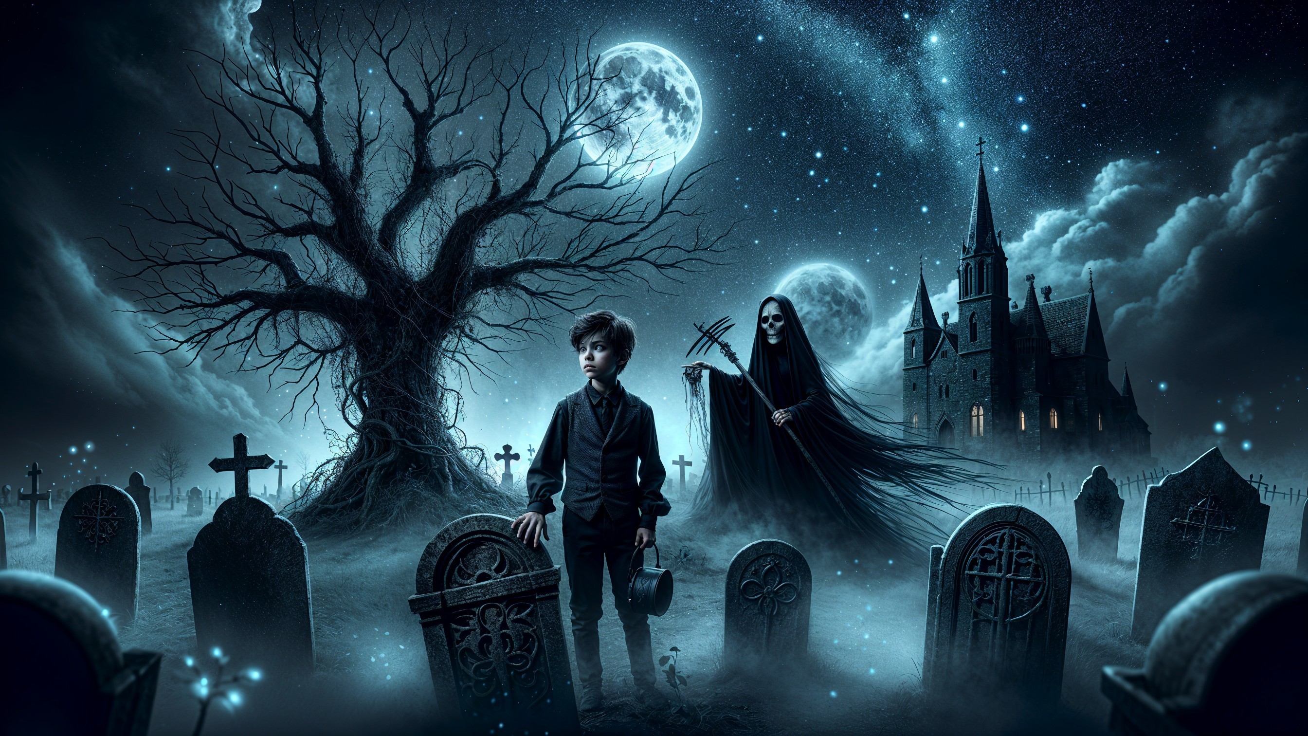 Young Boy in Graveyard with Lantern and Castle View