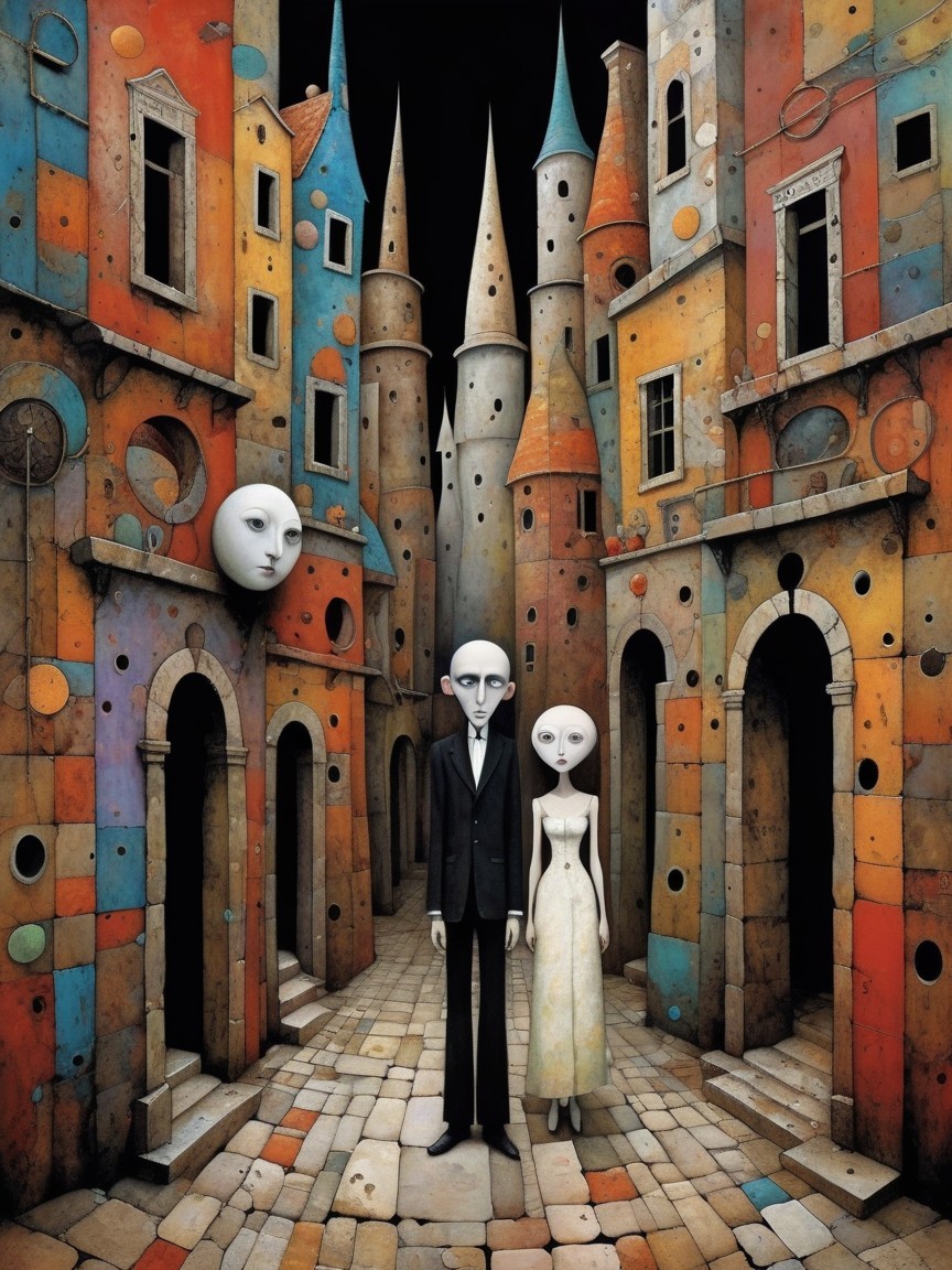 Surreal Cityscape with Elegant Figures and Vivid Buildings