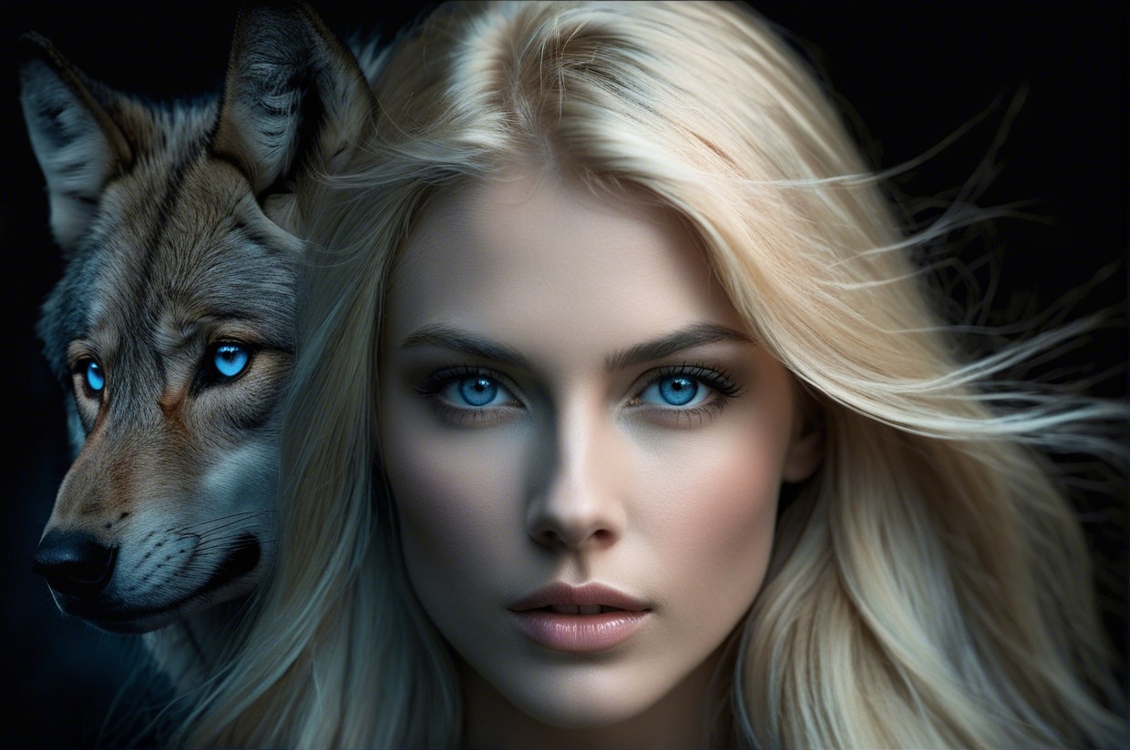 Portrait of a Young Woman with a Wolf in Dark Setting