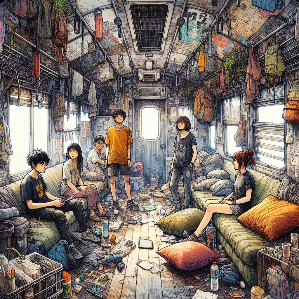 Young People Relaxing in a Cluttered Train Car