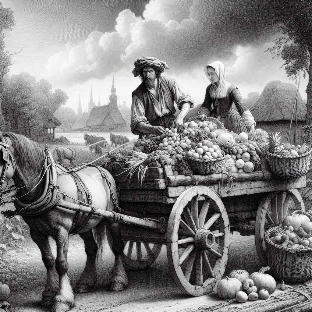 Pastoral Scene of Fruit Gathering in Monochrome
