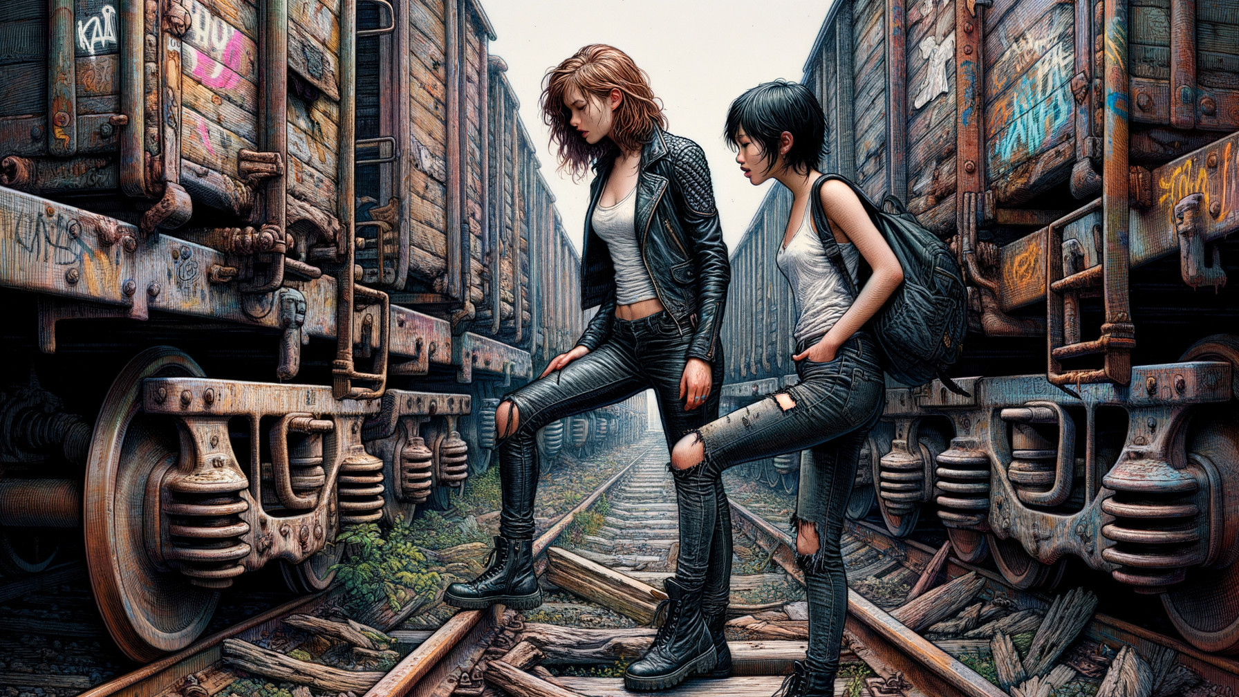 Young women on train tracks with graffiti and foliage