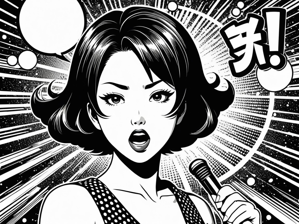 Black and White Illustration of Confident Woman with Microphone
