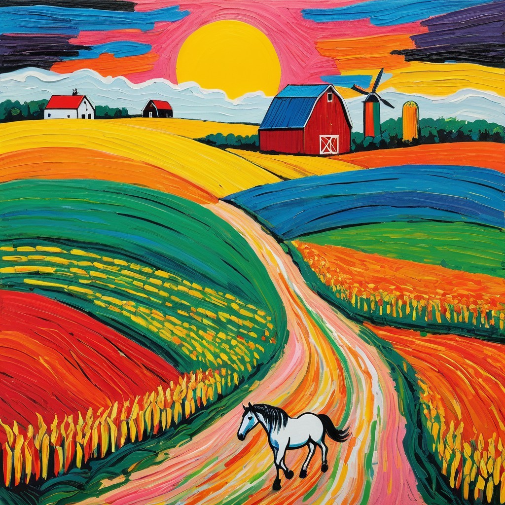 Vibrant Rural Landscape with Sunset and Rolling Hills
