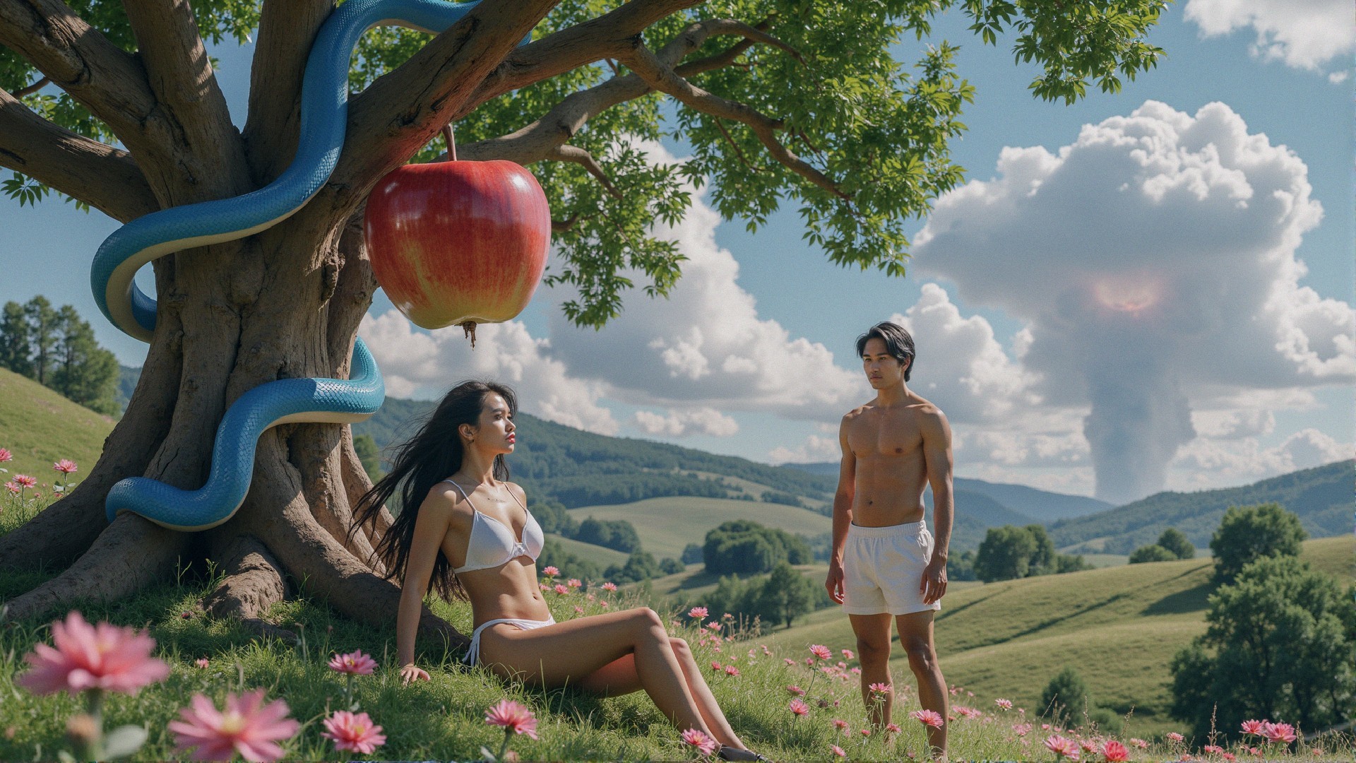 Dreamy Landscape with Tree, Apple, and Couple
