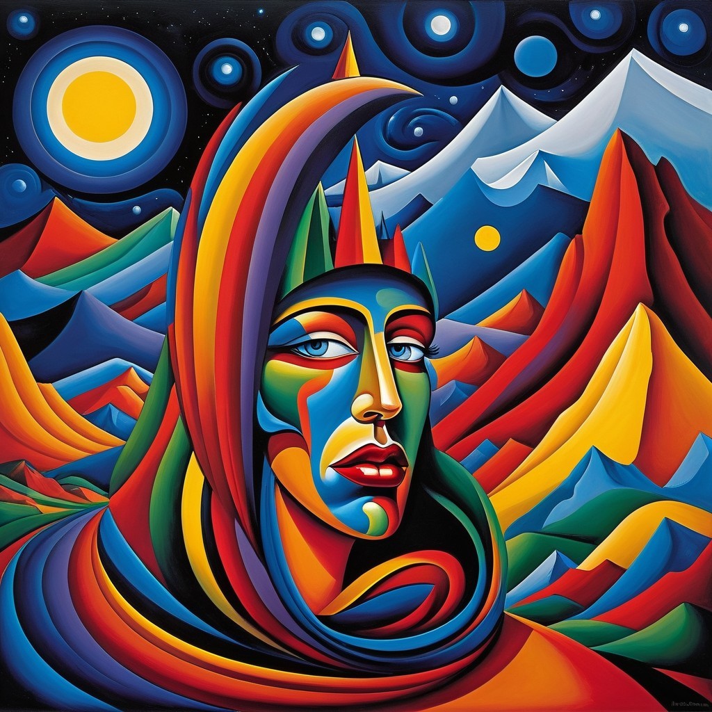 Abstract Portrait with Colorful Mountains and Sky