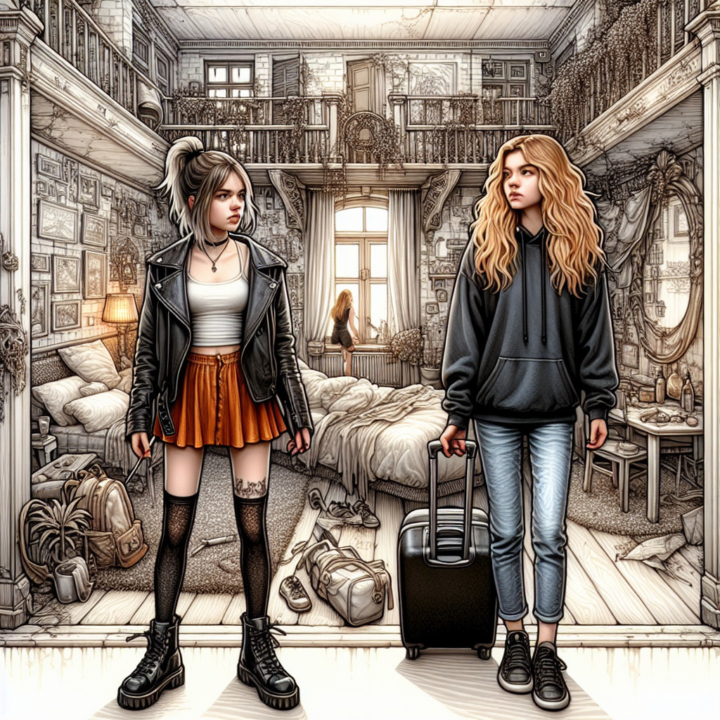 Cozy Room with Two Young Women and a Suitcase