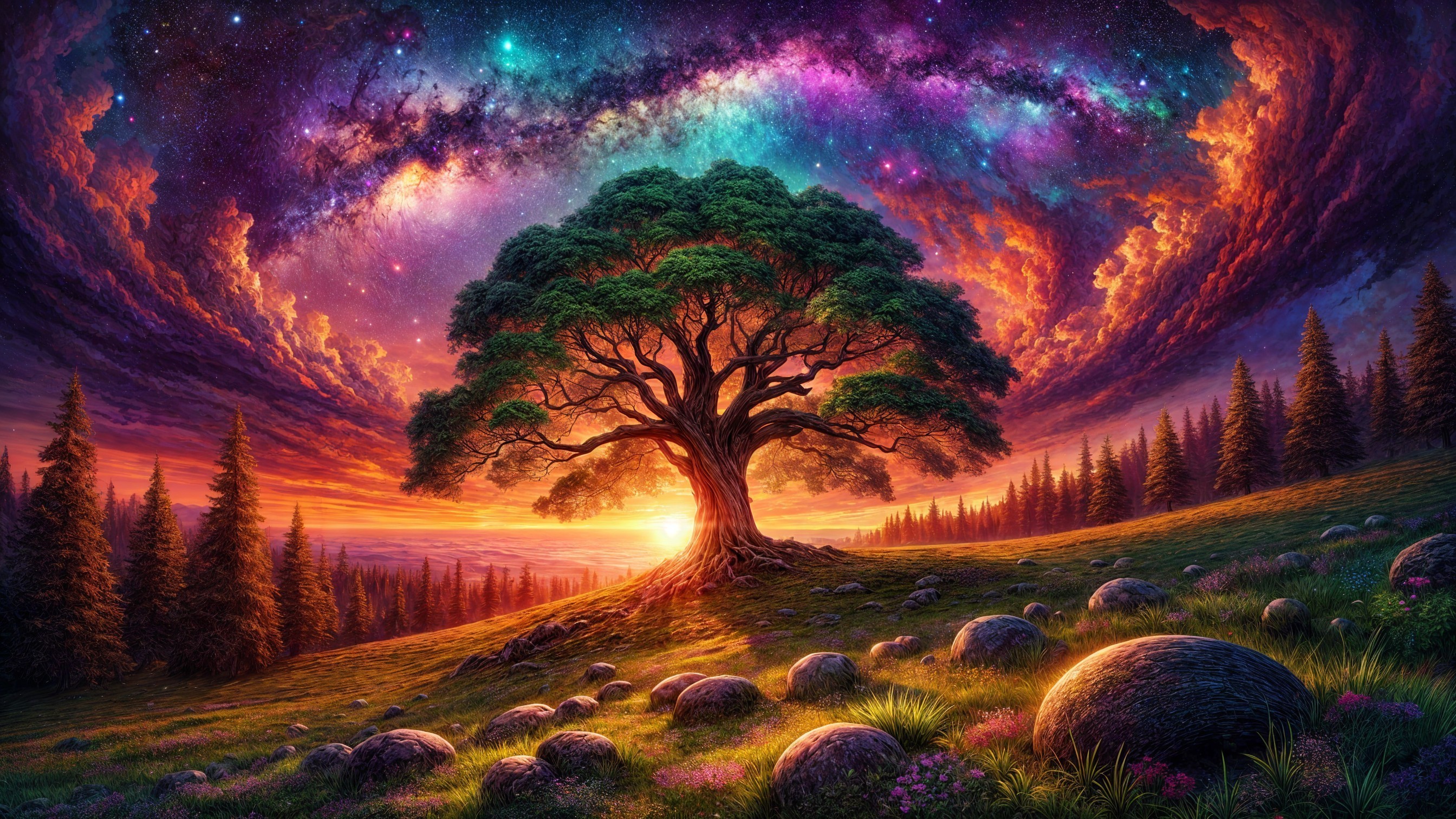 Majestic Tree at Sunset in Vibrant Landscape