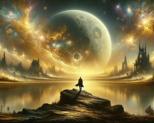 Lone Figure Overlooks Water Under Celestial Skies