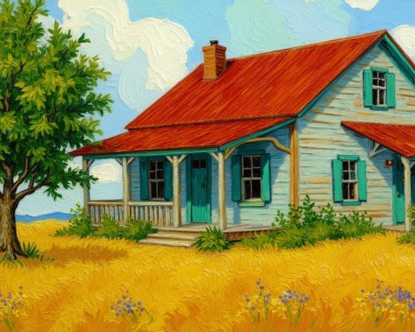 Rustic house with red roof in flower-filled landscape