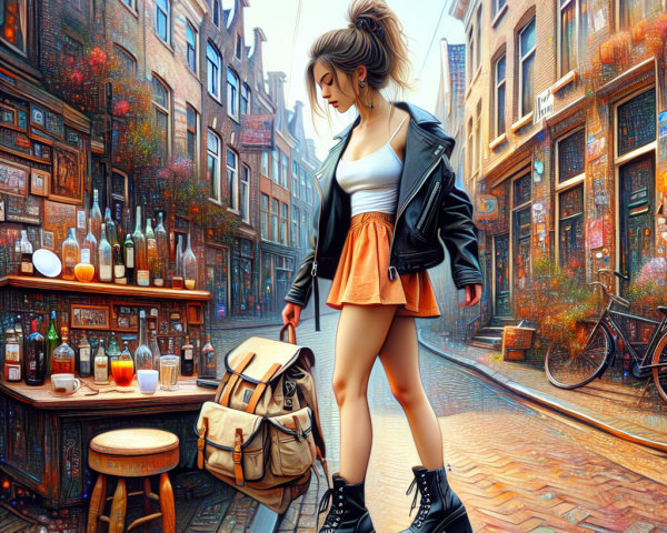 Young Woman in Stylish Outfit in Colorful Alleyway