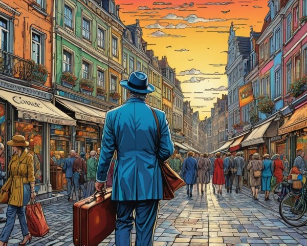 Colorful Street Scene at Sunset with Vintage Fashion