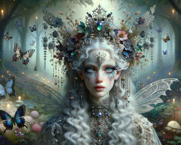 Mystical figure with butterfly wings in vibrant forest