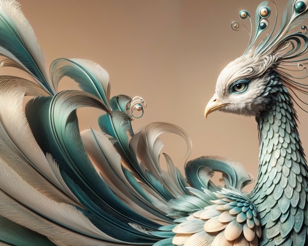 Stylized peacock with intricate green and white feathers