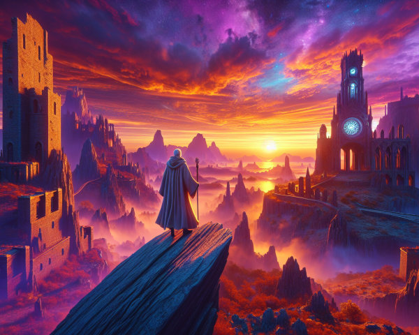 Majestic sunset landscape with ancient ruins and clouds