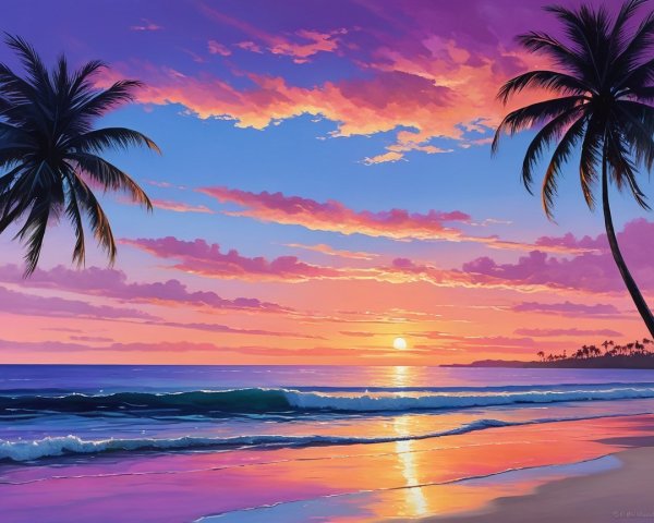 Vibrant Sunset Over Calm Ocean with Palm Trees