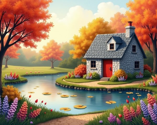 Charming Stone Cottage by Tranquil River in Autumn