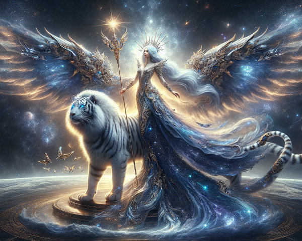 Celestial Figure with Winged Tiger in Cosmic Scene