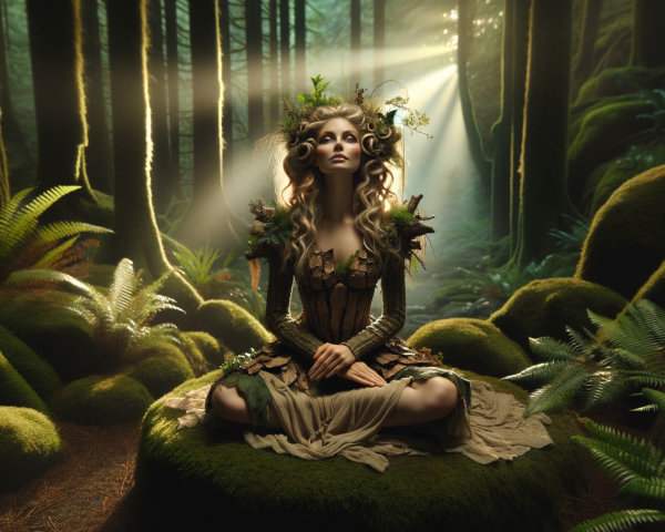 Serene figure in a mystical forest with floral adornments