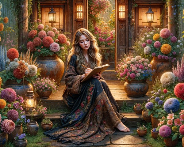 Young Woman Writing Among Vibrant Garden Flowers