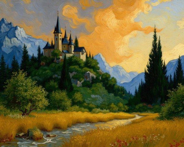 Fairytale Castle on a Hill with Sunset Landscape